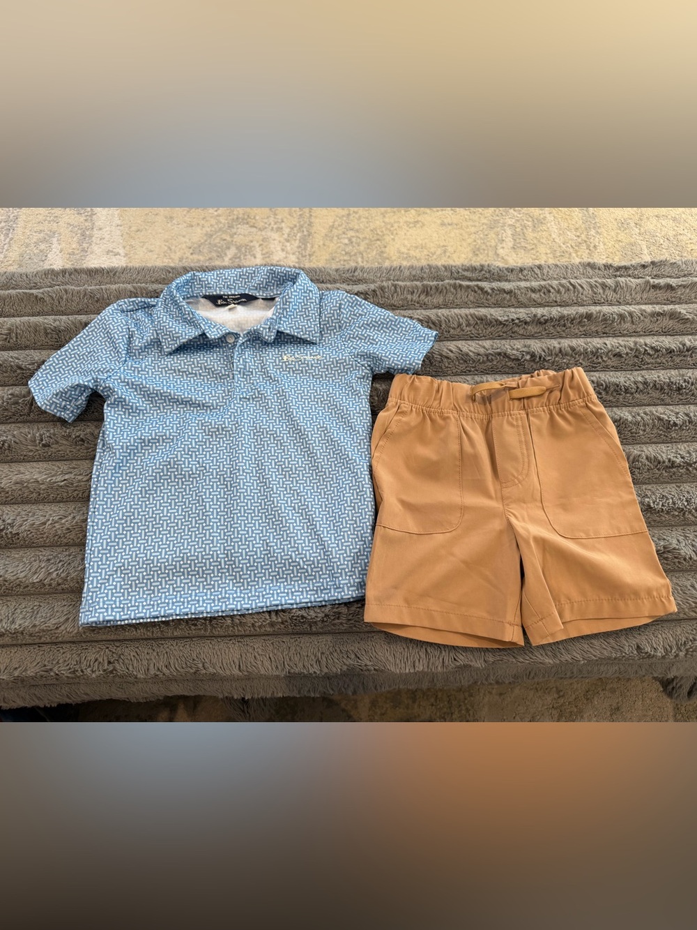 Ben Sherman Blue Geometric Polo with Tan Shorts Set